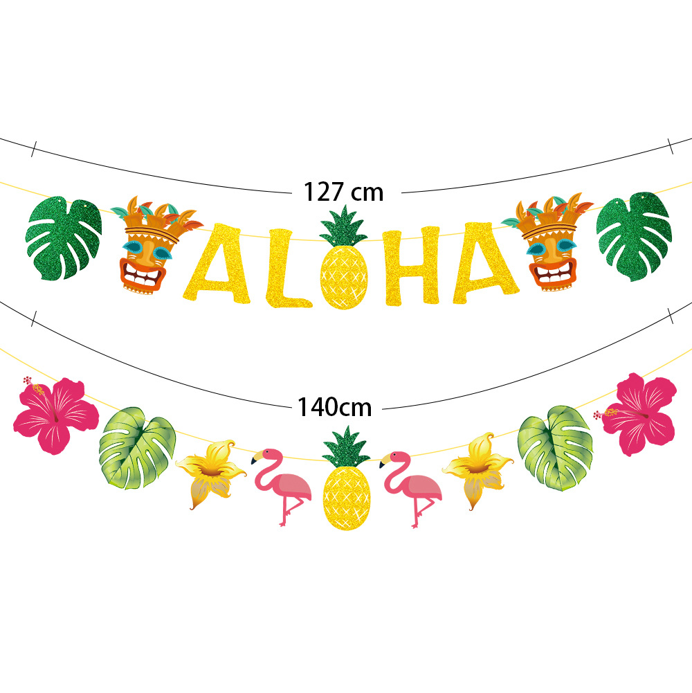 Amazon Hawaii Decoración de cumpleaños ALOHA tire bandera llama pájaro hoja tire flor colgante hoja tropical colgante