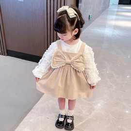 2024新款女宝公主裙新款秋季连衣裙洋气时尚花朵泡泡袖淑女假两件