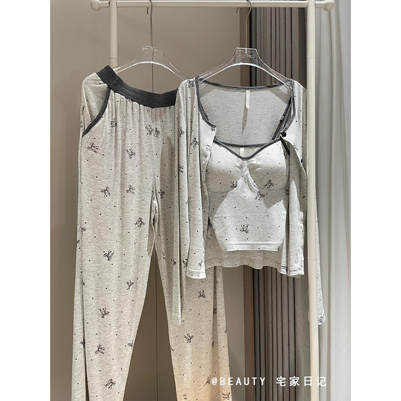 Korean Bow with Chest Pad Sling Pajamas Three-piece Set Women's 2025 Early Spring New Home Clothes suit Korean Bow with Chest Pad Sling Pajamas Three-piece Set Women's 2025 Early Spring New Home Clothes suit