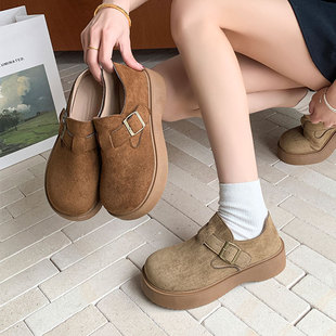 Nubuck Leather Height-Increasing Shoes All-Inclusive Retro Birkenstock Shoes for Women 2025 Spring New Round-Toe Platform Heel Thick-Soled Shoes