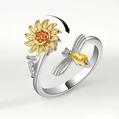 Amazon クロスボーダー ストレスリリース 銅 マイクロインレイ ジルコン 回転 ひまわり 蜂 人差し指リング ホリデーギフト