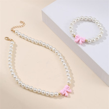 跨境小香风珍珠项链可爱公主气质项链女粉色蝴蝶结饰品两件套