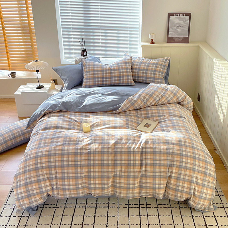 Juego de tres piezas de algodón lavado teñido en hilo, dormitorio de estudiantes universitarios, juego de literas, sábana, sábana, sábana, juego de cuatro piezas