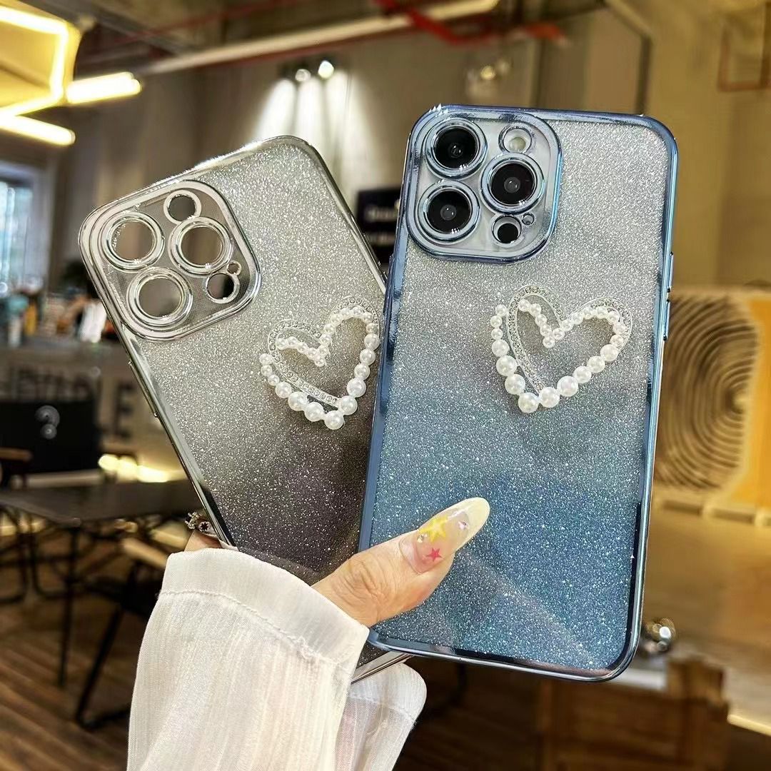 适用爱心渐变闪粉华为mate60手机壳NOVA11SE透明电镀荣耀80软壳女