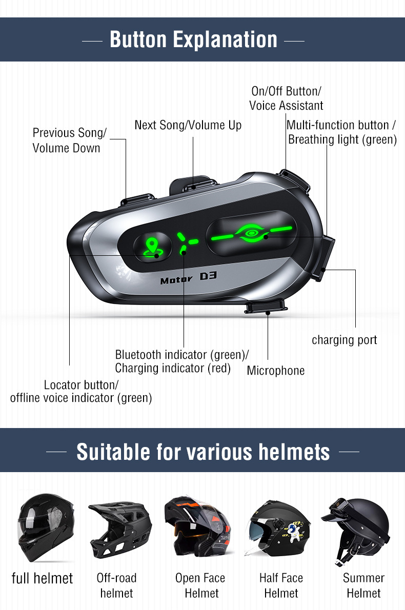 D3 Helmet Bluetooth Headset with Global Positioning, Waterproof, Dustproof, Intelligent Noise Reduction, Offline Ai Voice Helmet Headset
