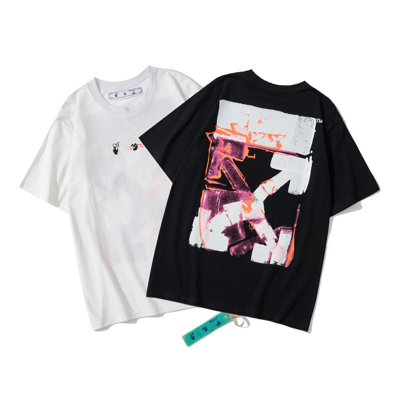 Spring and summer 2023 new OW OFF WHITE acrylic hand-painted graffiti arrow pattern round neck short sleeve T-shirt men