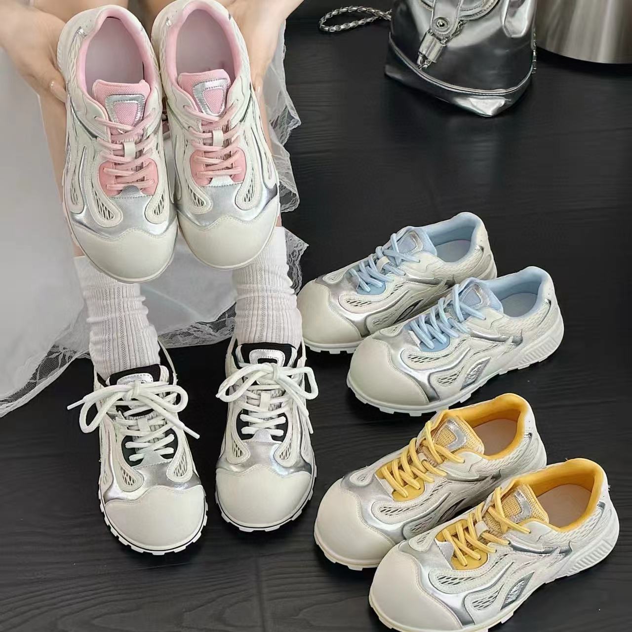 保龄球鞋阿甘鞋女款2025夏季新款透气网面休闲老爹鞋