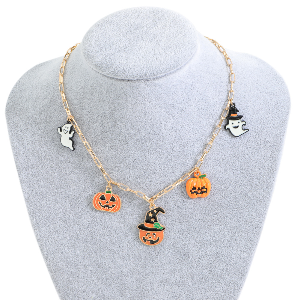 Halloween Cartoon Kürbis Öltropfen Geist Anhänger Halskette Großhandel Nihaojewelry display picture 4