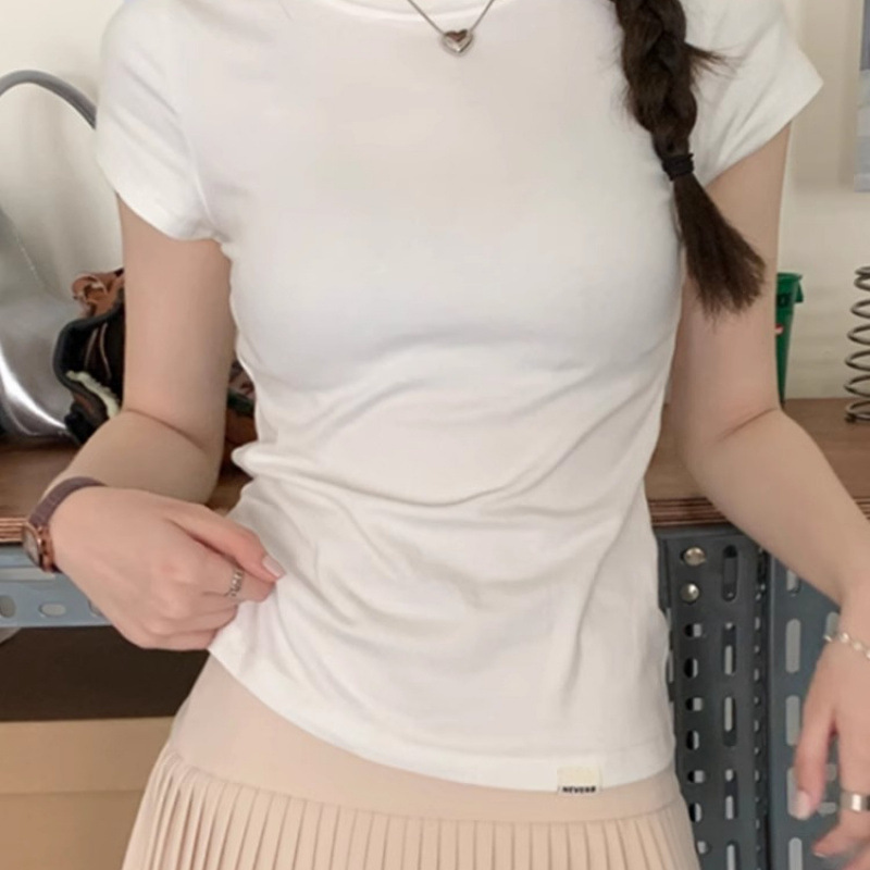 Live high quality Basic Round Neck Short-sleeved T-shirt Korean-style Slim-fit Slimming All-match Top