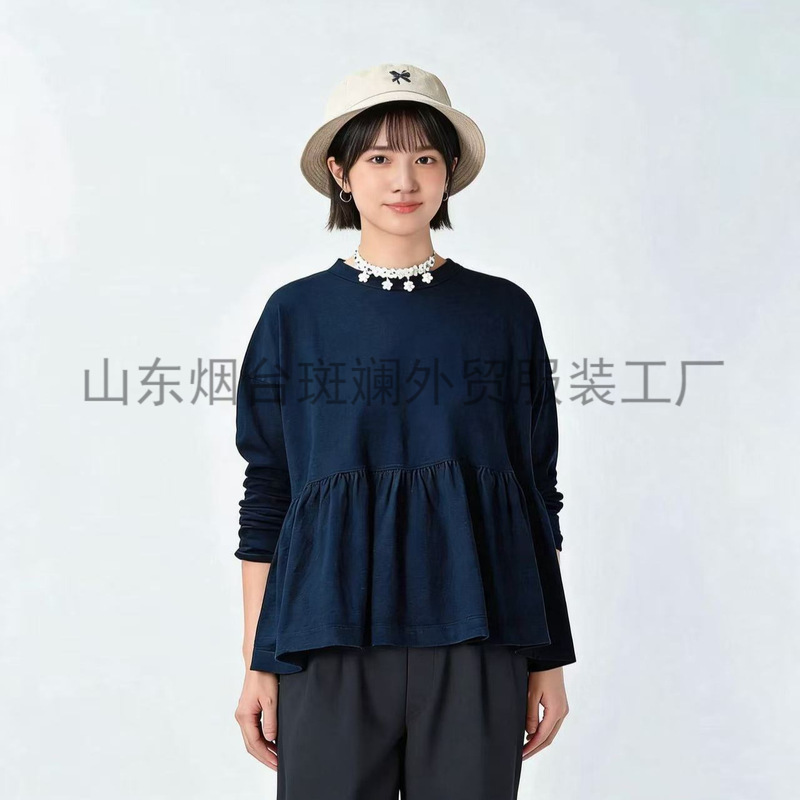 Directly Supplied from the Original Factory, Foreign Trade Clothing Cc45R Indigo Ruffle T-Shirt Shirt, Commuter Embroidered Loose Round-Neck Thin Style