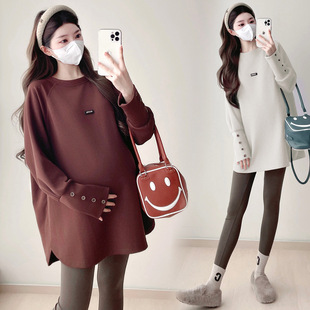 Pregnant Women's Wear Autumn and Winter Mid-length Thickened Grinded Pregnant Women's Long Sleeve T Warm Casual Fashion All-match Pregnant Women's Top