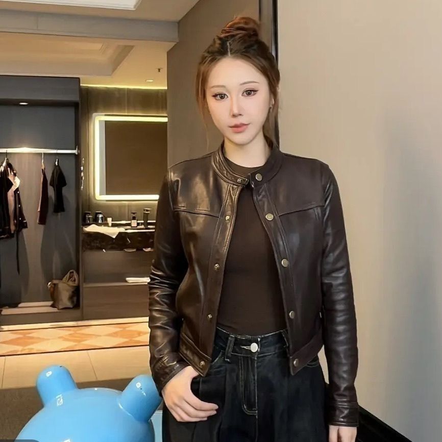 Spring and Autumn Leather Jacket Women's Short 2025 New Motorcycle Stand Collar Leather Jacket for Small People