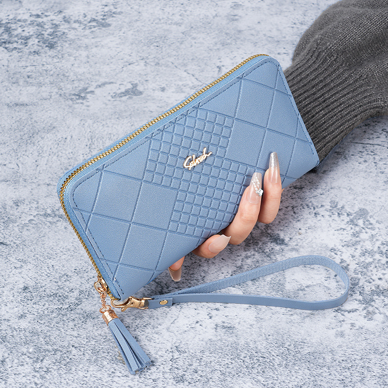 Cartera de mujer larga coreana, bolso de mano, bolso de teléfono móvil, bolso de mano con cremallera simple en relieve de mujer larga