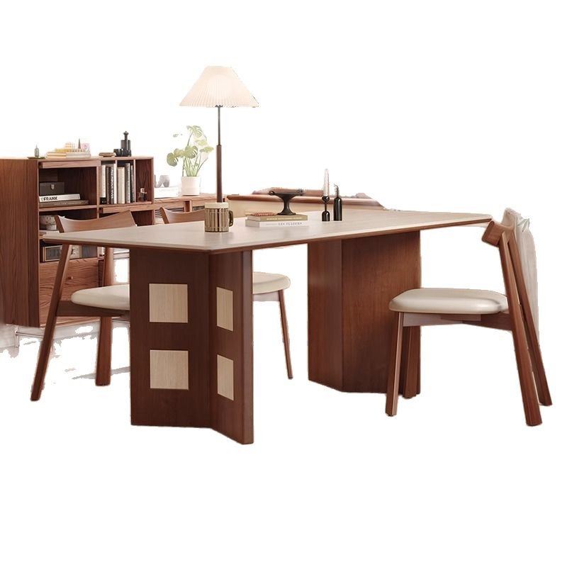 Mesa de comedor Carmen de madera maciza de estilo medio, tablero de roca travertino 2024 nuevo hogar pequeño apartamento francés retro familia nórdica