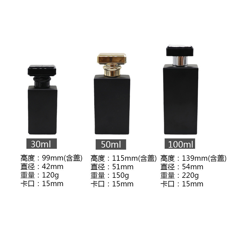 Botella de perfumes de bayonet negra mate botella de pulverización de presión cuadrada botella de cosméticos muestra pequeña botella de embalaje de vidrio botella vacía en stock