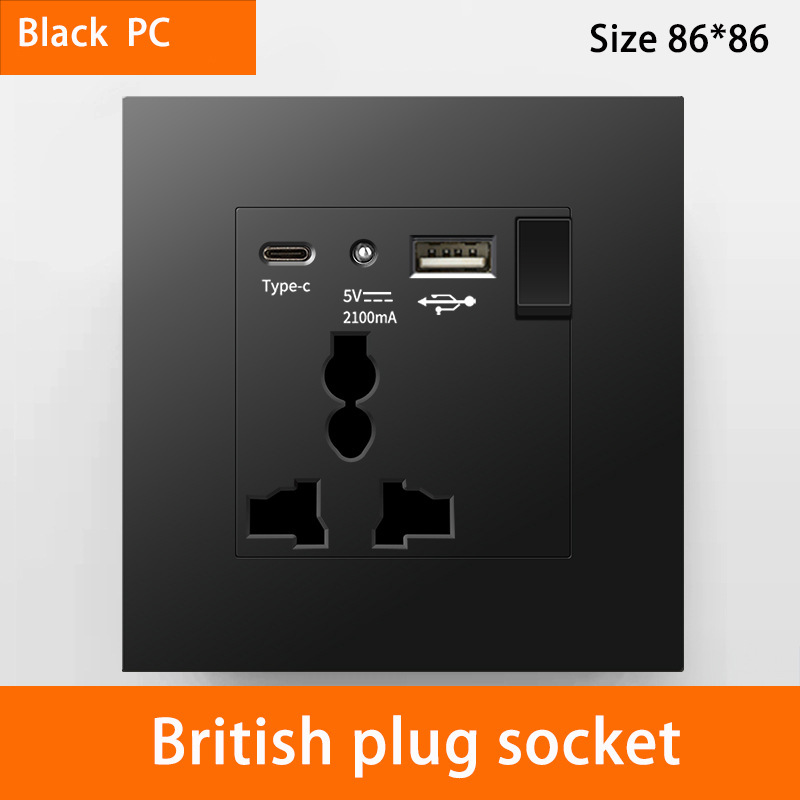 Hong Kong and Macao British 13A Socket USB with Type-C Fast Charging Plug British Standard Light Switch Plastic Black Panel