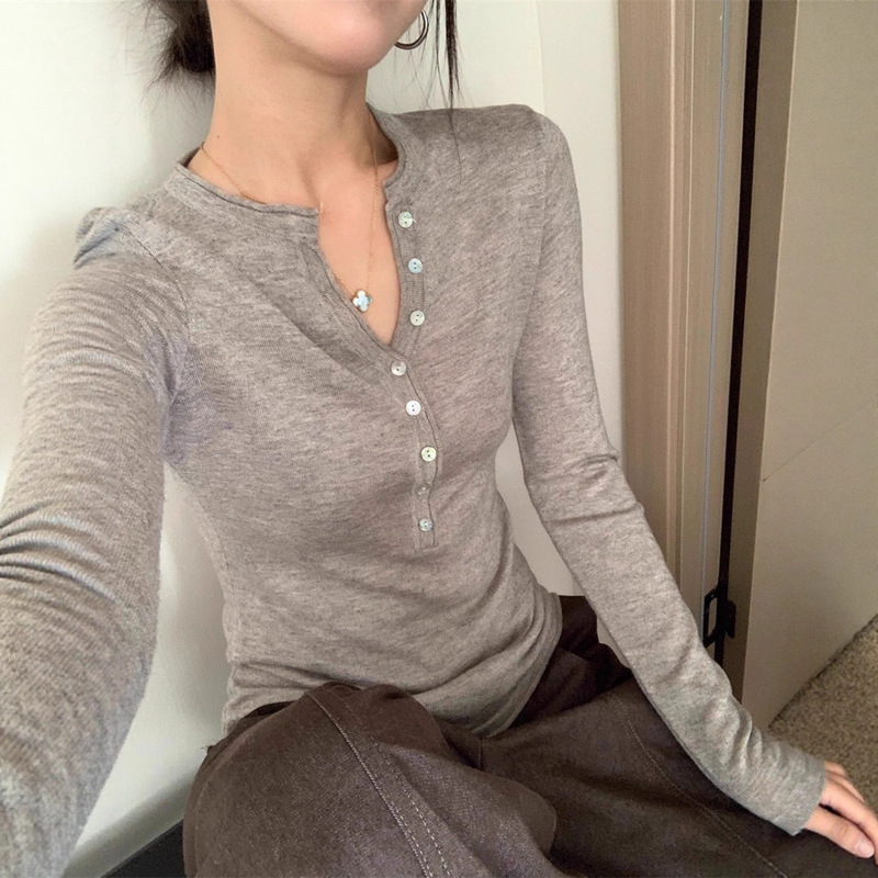 Old Money Style Gray Slim Henry Shirt V Neck Long-Sleeved T-Shirt Women's Autum High-Bottom Knitted Bottoming Shirt Inner Top
