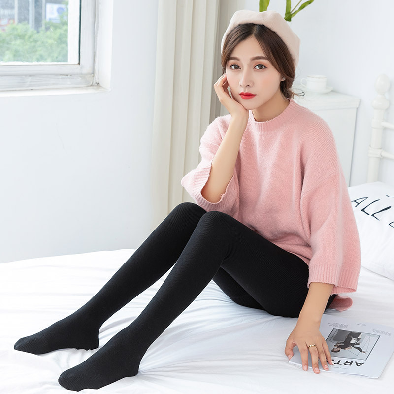 Black (with feet) / 160gsm flat waist seamless ribbed leggings (suitable for temperatures: 15-25°c / 59-77°f)