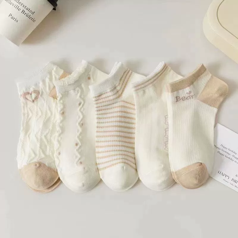 Носки женские весенне-летние новые короткие носки с низким верхом тонкие носки до щиколотки дышащие мультяшный медведь хлопковые носки в полоску студенческие белые