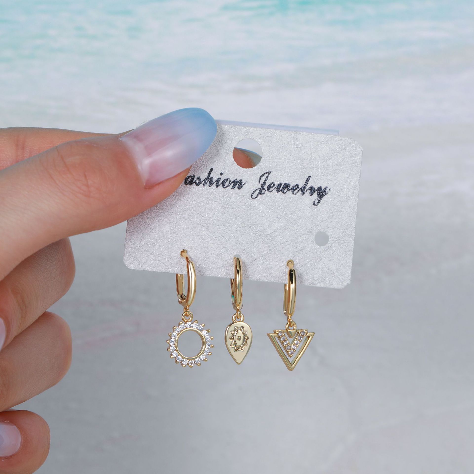 Micro Inlaid Zircon Star Moon Ear Clip Three-Piece Earring set