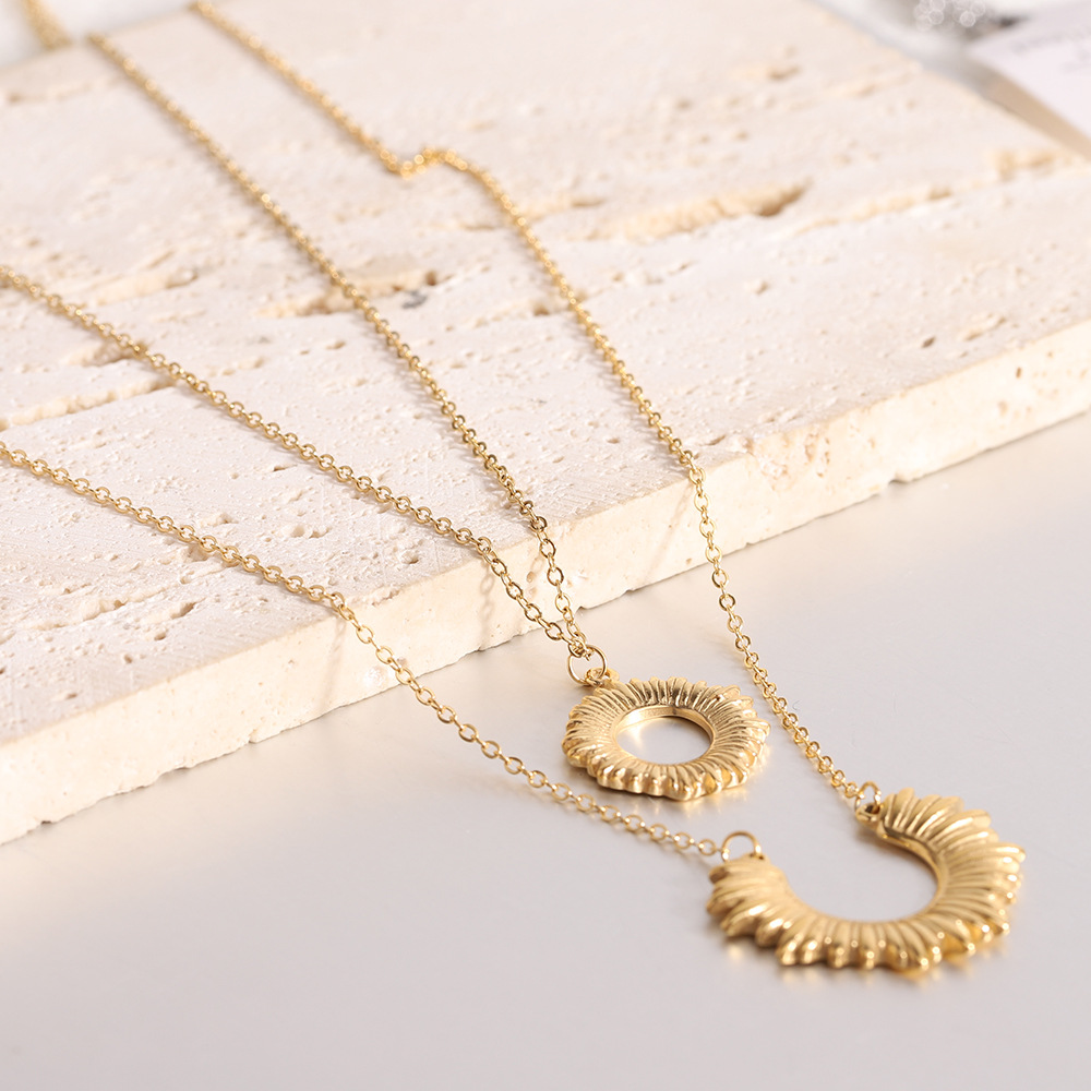 Daily Occasion Titanium Steel Material 18K Gold Plated Plating Classic Style Sun Titanium Steel 18k Gold Plated Double Layer Necklaces In Bulk