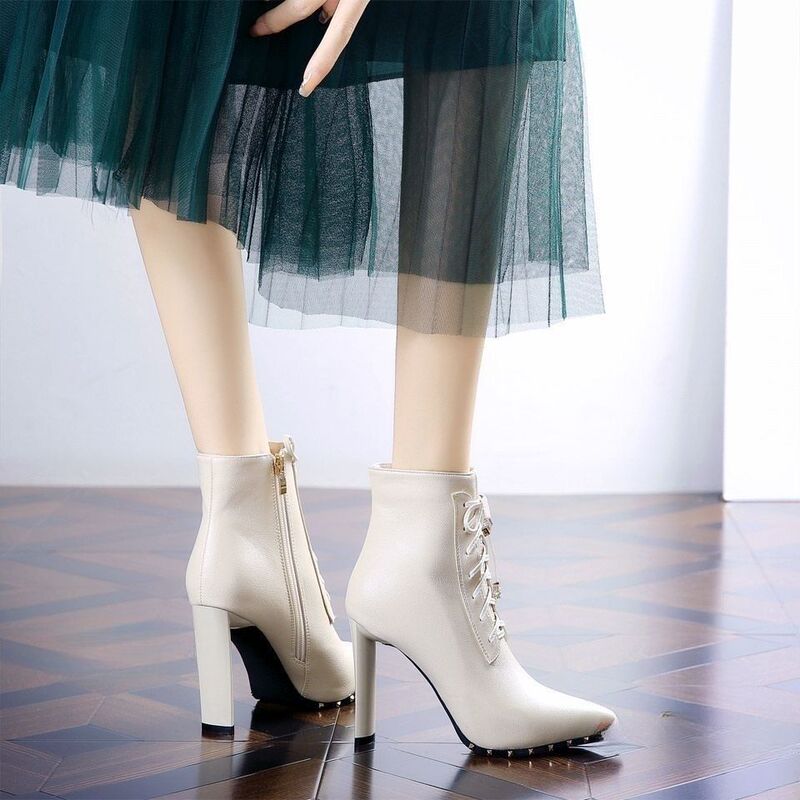 Pointed Thick Heel Martin Boots Women's 2024 New Rivet Fashion High Heels Cyber Popular Thin Boots Short Boots Women