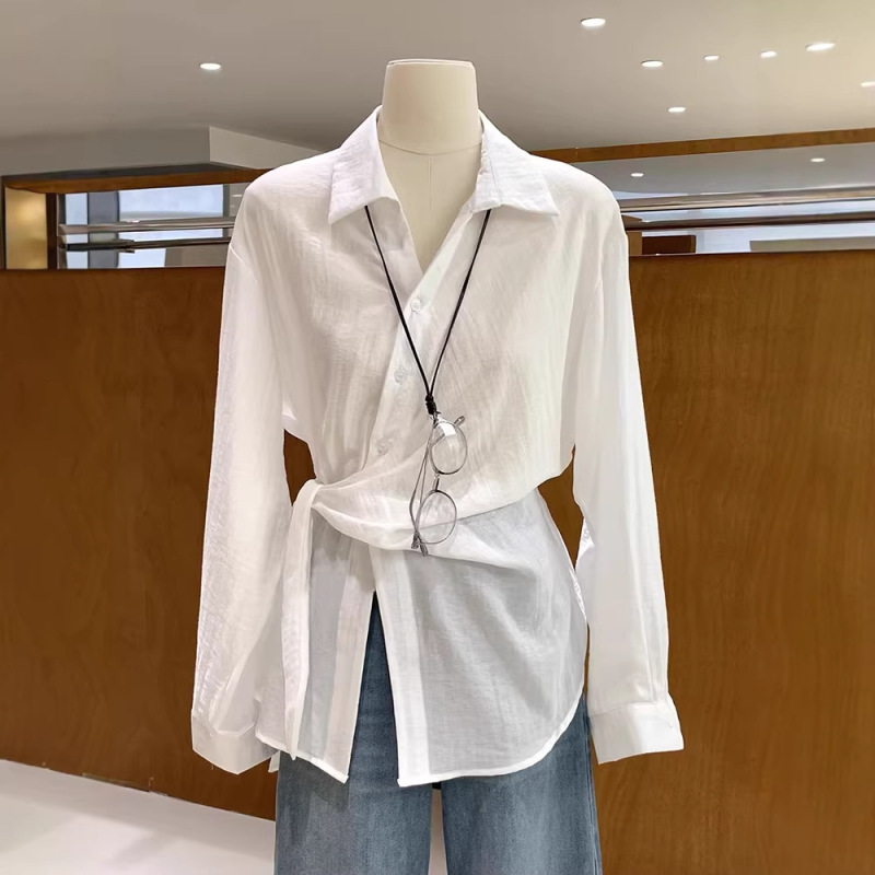 Early Spring Stylish and Elegant Tie-Design Lapel Linen Shirt for Women 2026 New Commuter High-End Slimming Top