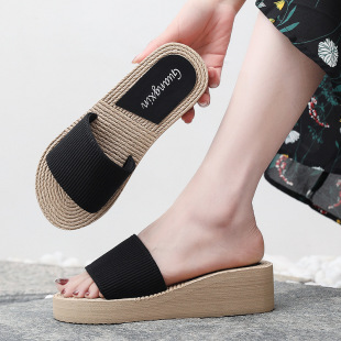 Summer New Style Simple Pure Color Elastic Band Flip-Flops for Women Outer Wear Wedge Heel Thick Sole Fashion Casual Eva Sandals