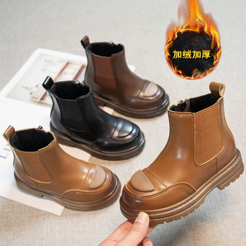 Детские Ботинки Martin Короткие сапоги в британском стиле на флисовой подкладке 2023 Зимние теплые ботинки-сигареты для девочек, кожаные ботинки для мальчиков из двух хлопка