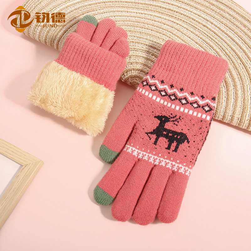 触屏手套女冬季韩版地摊加绒加厚防寒小鹿毛线保暖针织手套