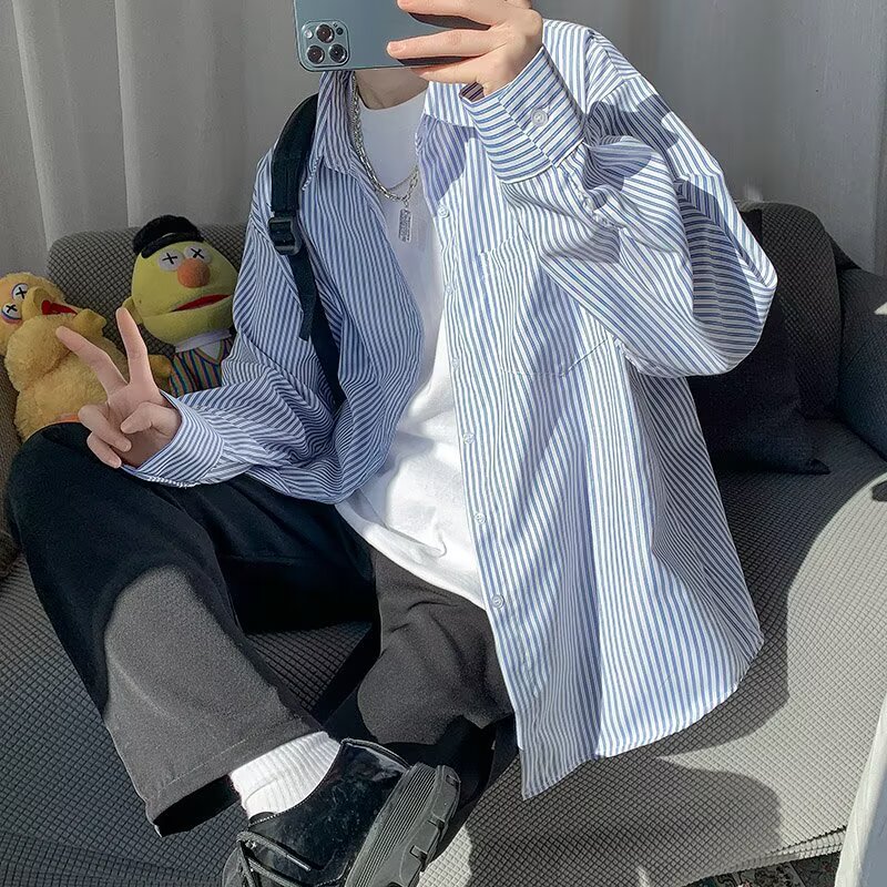 Japanese-Style Striped Shirt Men's Bf Style Long-Sleeve Shirt Hong Kong Style Men's Korean Version Trendy Autumn Casual Jacket Couple Outfit