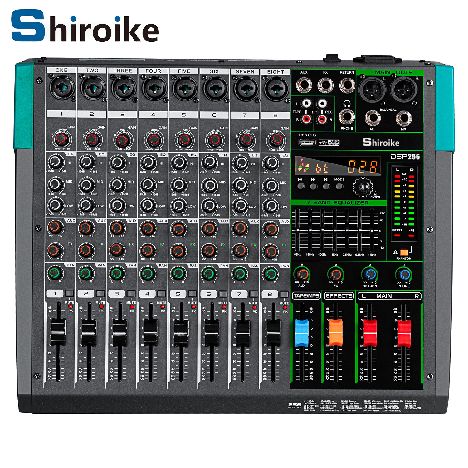 GAX-PA8 전문 믹서 8 방향 무대 성능 회의 휴대용 팬텀 전원 USB 블루투스 8 방향 믹서