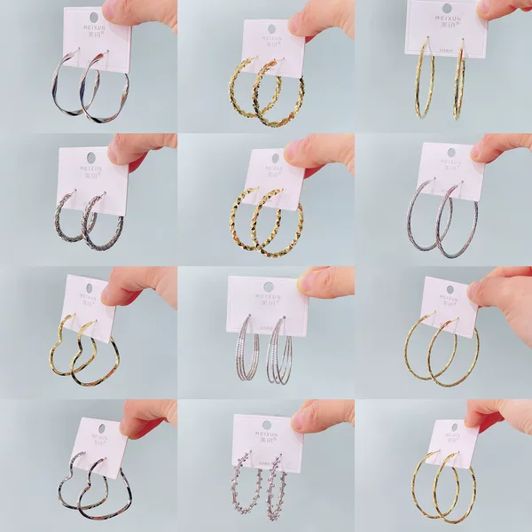 Meixun Jewelry Shiny Metal Wave Pattern Striped Earrings Trendy Personality High-End Niche Women's Earrings