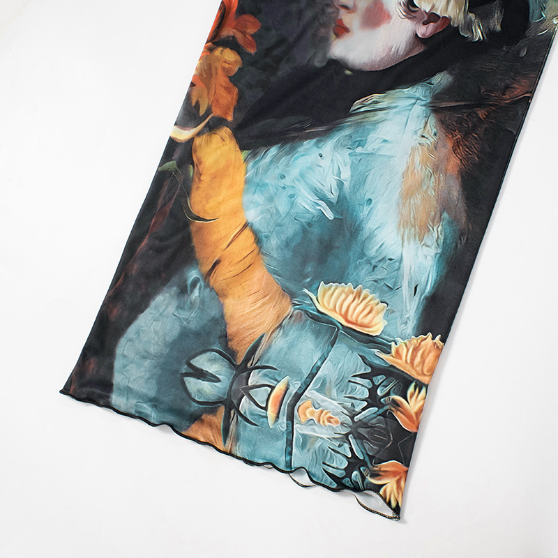 Girl Print Design Transparent Long Sleeves Cropped Top Long Skirt Women Suit