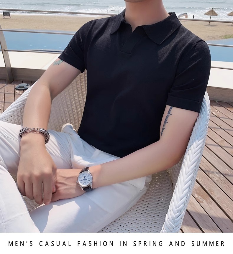 Men's Slim Fit Polo Shirt Silky Cotton Ice Silk Knitted Seagull Collar Short Sleeve Casual Workwear Trendy Sweatshirt_viptrois.com