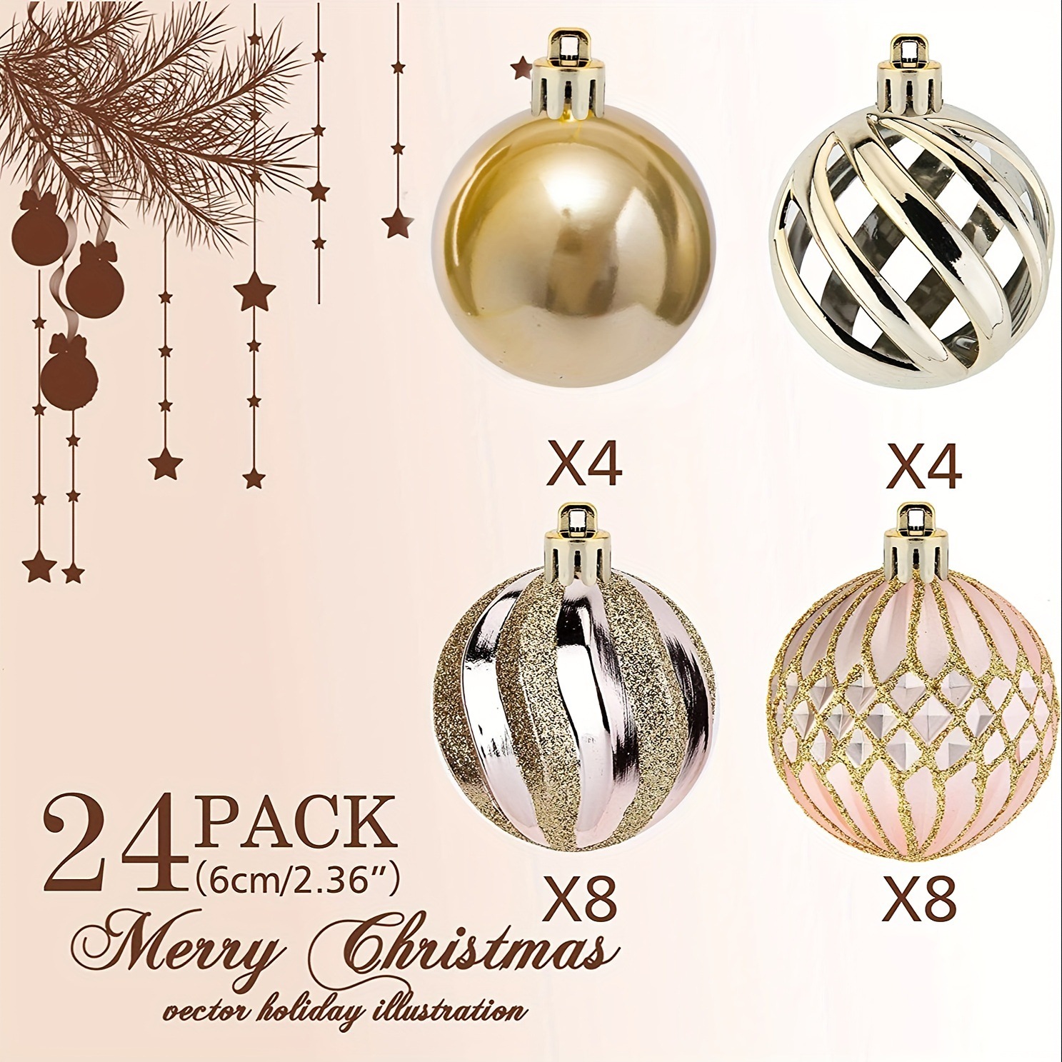 Nuevo hueco 6cm24 piezas de rosa rosa plástico bola de Navidad fiesta de Navidad ambiente bola de decoración