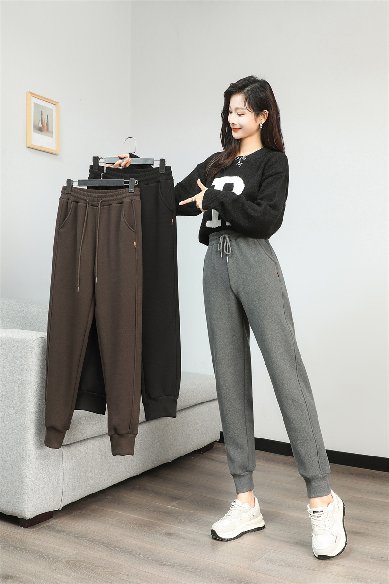 法米姿 羊羔绒运动加绒裤女新款加厚卫裤高腰显瘦束脚休闲裤哈伦