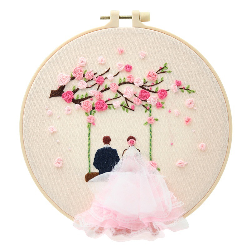 Lu bordado novio novia hermanas Flor de hilo de color sala de estar dormitorio colgando pintura bordado paquete de material de bricolaje vestido de novia de la boda colgando pintura