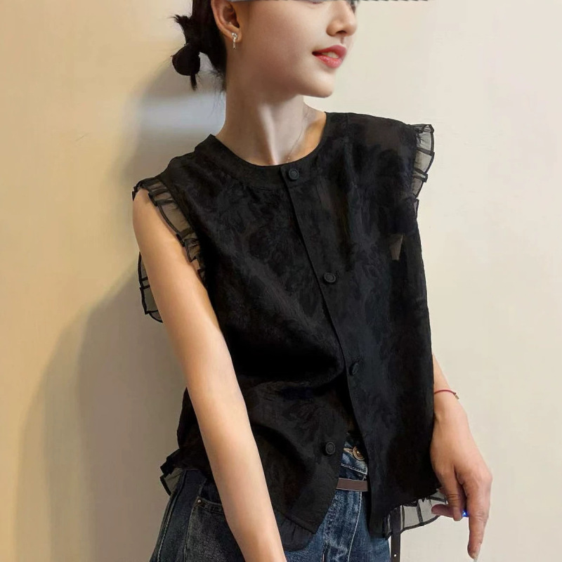 Black Jacquard Sleeveless Round Neck Vest Shirt for Women 2026 Summer New Style Ruffled Design Top for Women A12372 Black Jacquard Sleeveless Round Neck Vest Shirt for Women 2026 Summer New Style Ruffled Design Top for Women A12372