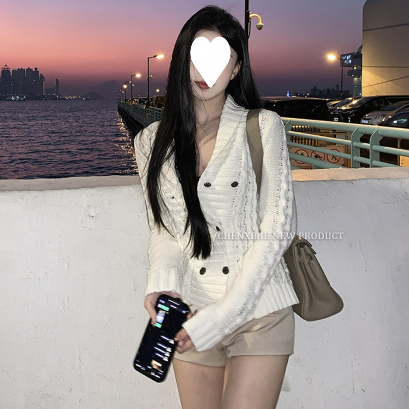 Coreano relajado correa de cintura de manga larga de punto cardigán femenino de alta calidad casual doble chaqueta de botón