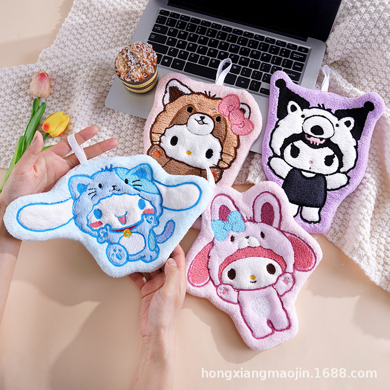 Cute Cartoon My Melody Hanging Hand Towel, Coral Fleece, Thickened, Absorbent, for Kitchen and Bathroom, Girly and Adorable Cleaning Cloth Cute Cartoon My Melody Hanging Hand Towel, Coral Fleece, Thickened, Absorbent, for Kitchen and Bathroom, Girly and Adorable Cleaning Cloth