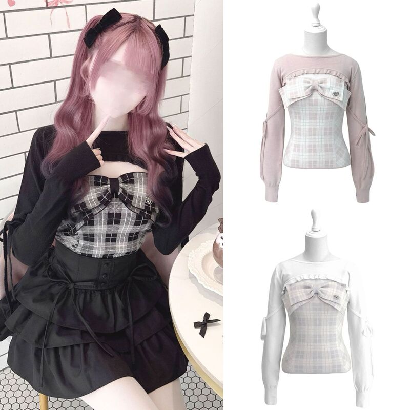 Honeymew's Same Style Bow-Knot Plaid Suspender Top Paired with a Long-Sleeved Blouse Two-Piece Set in Japanese Sweet Style for Women Honeymew's Same Style Bow-Knot Plaid Suspender Top Paired with a Long-Sleeved Blouse Two-Piece Set in Japanese Sweet Style for Women