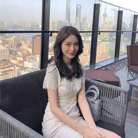 H23498法式小众蕾丝连衣裙女夏季小香风显瘦收腰气质短款小个子桔
