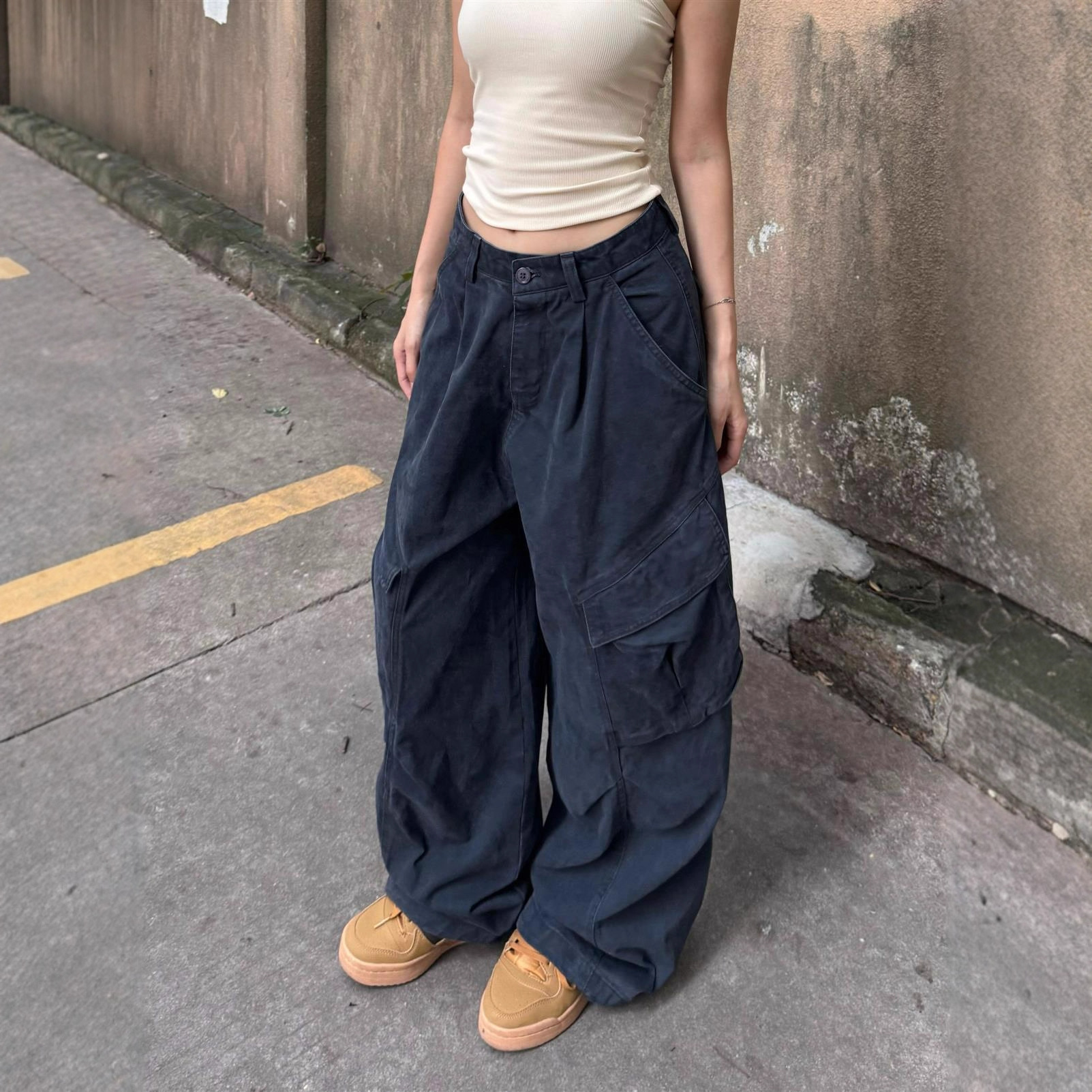 Washed Cotton Hem American-Style Loose Multi-Pocket Cargo Pants for Women Wide-Leg Hip-Hop Jazz Street Dance Long