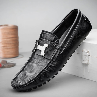Live Broadcast Popular Crocodile Pattern Beanie Shoes Large Size Lazy Driving Shoes British Casual Shoes Genuine Leather Cowhide Men's Shoes
