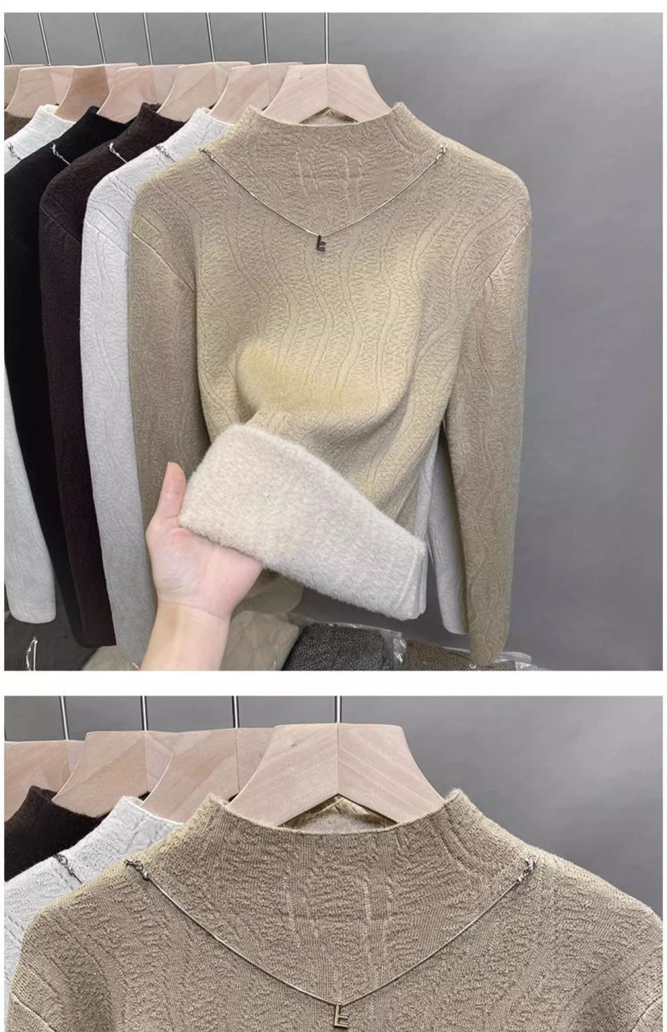 Damen-Fleece-gefütterter Strickpullover – Halbhoher Rollkragen, dickes Winter-Thermooberteil (Weiß, Schwarz, Beige, Khaki, Grau, Rot, Camel, Braun)_voghion.com