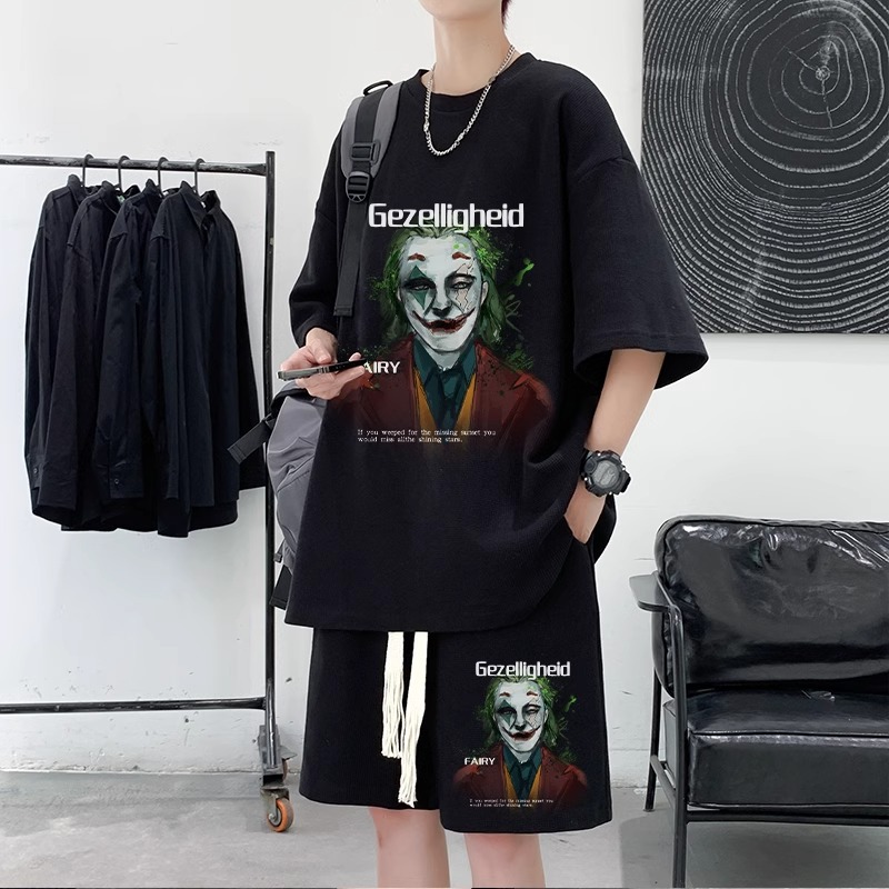 Wafflough Sports suit Men's Summer Duffy Handsome Trendy T-Shirt Shorts Two-Piece Set Hong Kong Style Trendy One Set Wear
