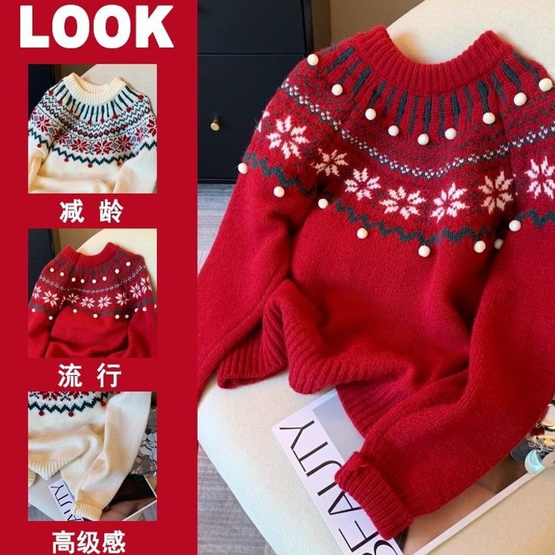 Christmas jacquard Fair Isle sweater for women, super stylish for autumn and winter, thick and fluffy, vintage knitwear with a relaxed and casual vibe