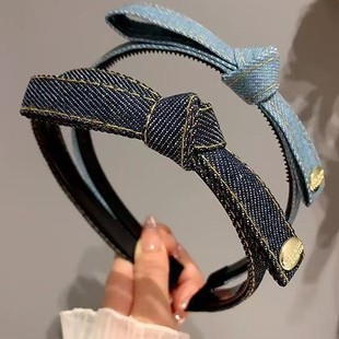 Vintage Denim Blue Bow Headband Women's High-end Western Style Fashion Headband with Tooth Non-slip Face Wash Hair Stamp Headwear