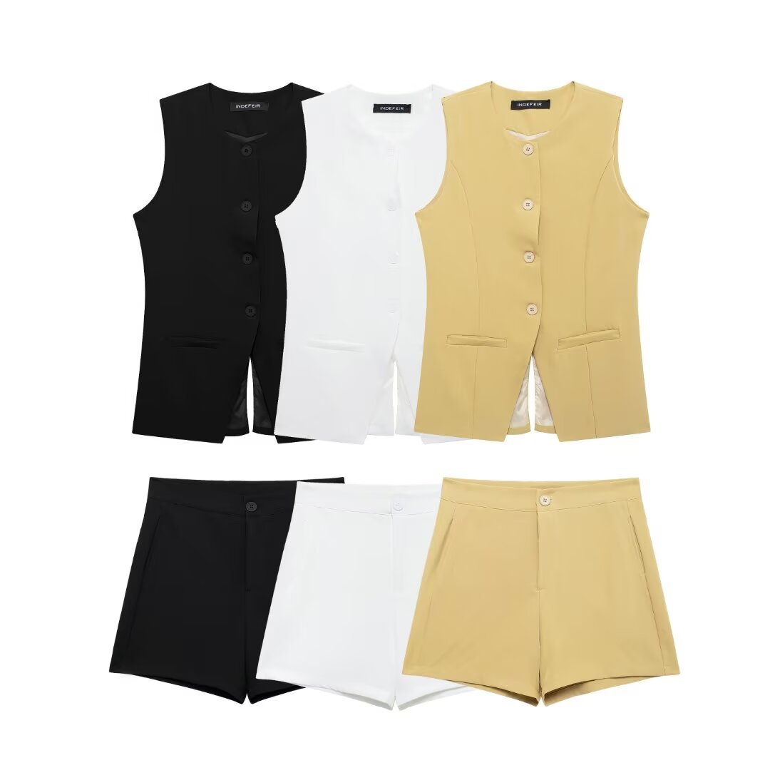 Comercio exterior transfronterizo2024 Europa y los Estados Unidos nuevo cuello en V sin mangas hebilla de una sola fila bifurcación delgada chaleco chaleco pantalones cortos set mujeres